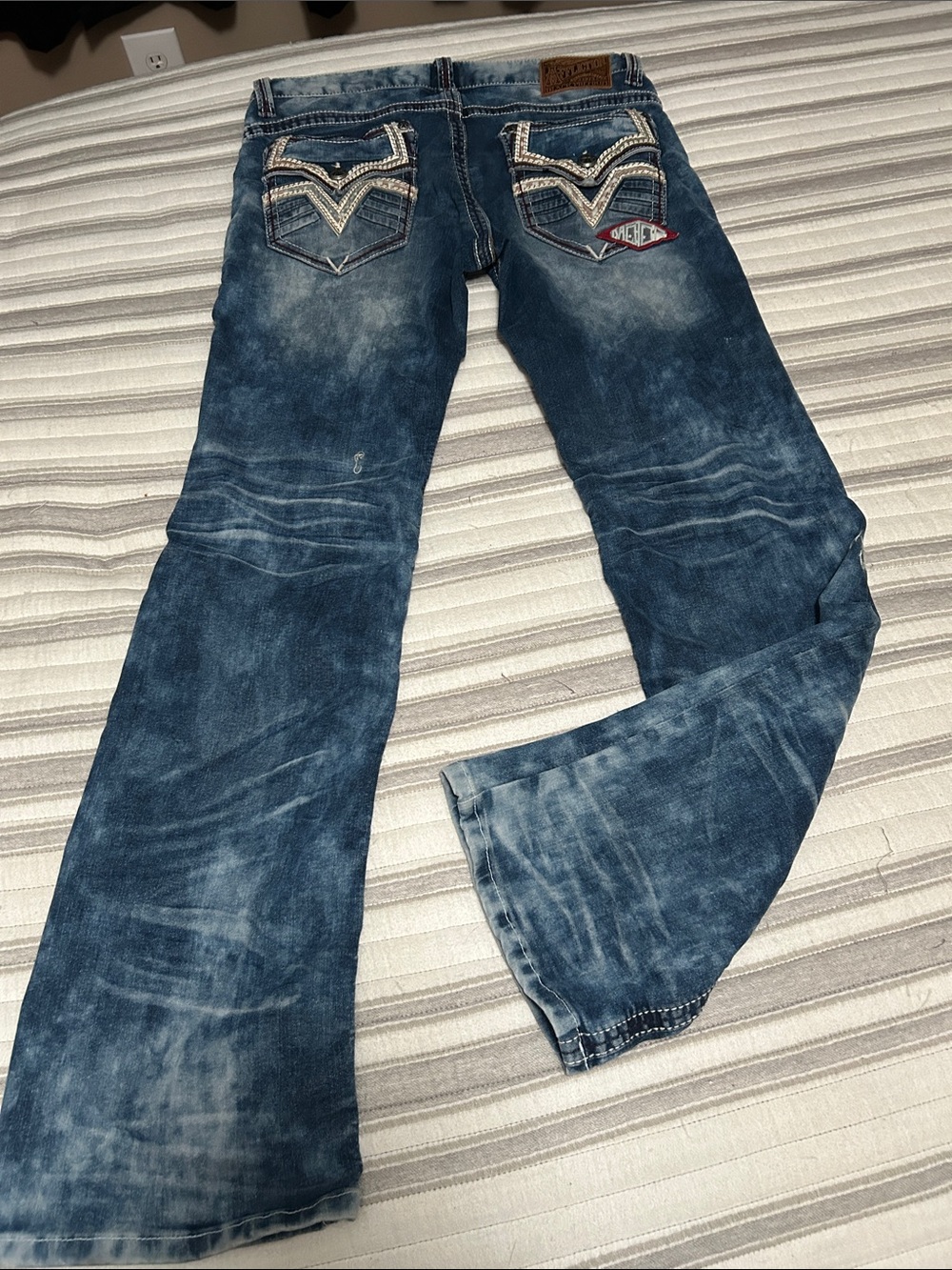 Affliction Men's Dark Faded Blue Embroidered Bootcut Jeans